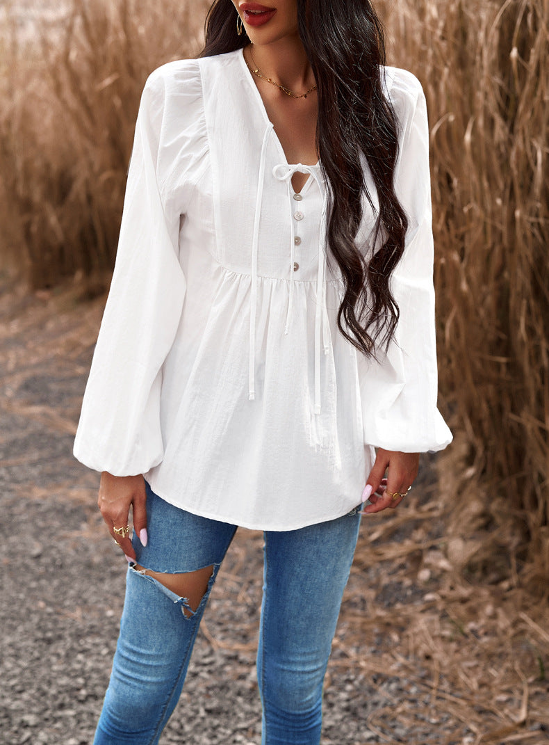 Women Chic Career Solid V Neck Long Sleeve Top 22