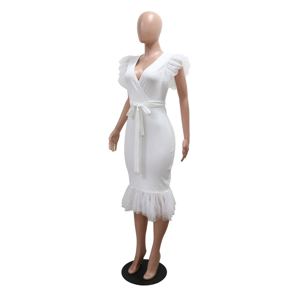 Women Sexy V-Neck Solid Bodycon Pleated Dress 9