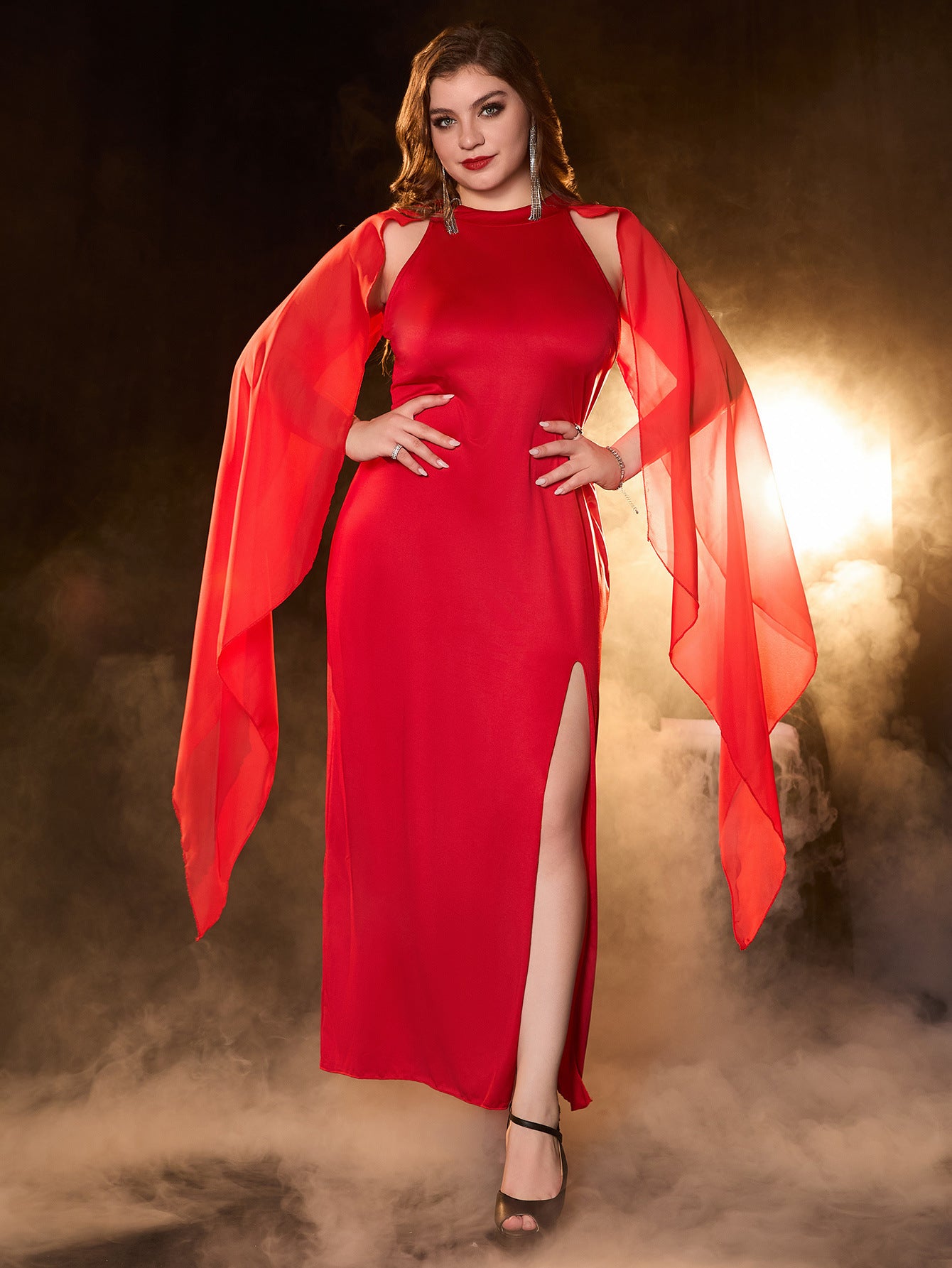 Women Solid Plus Size Shawl Sleeve Elegant Maxi Slit Evening Dress 8