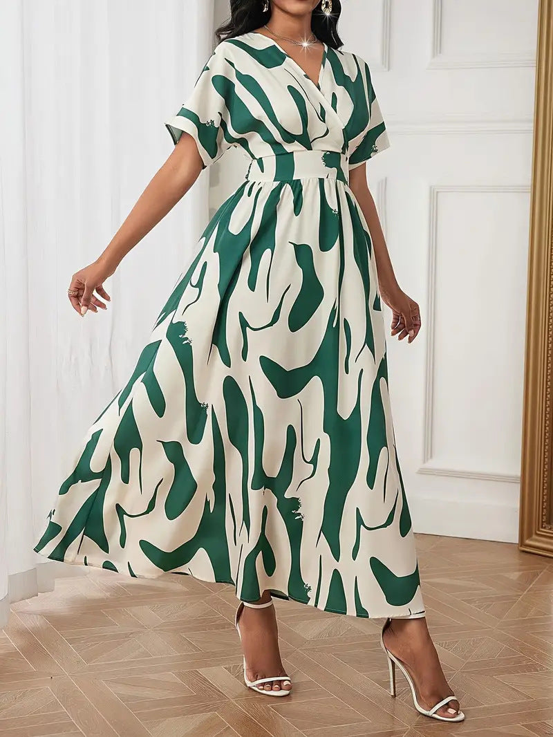 Fashion Printed V-Neck Slim Waist Elegant Women's Dress 9