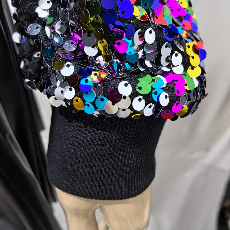 Women's Tops Fashion Color Block Sequin Style Short Zipper Jacket Coat 16