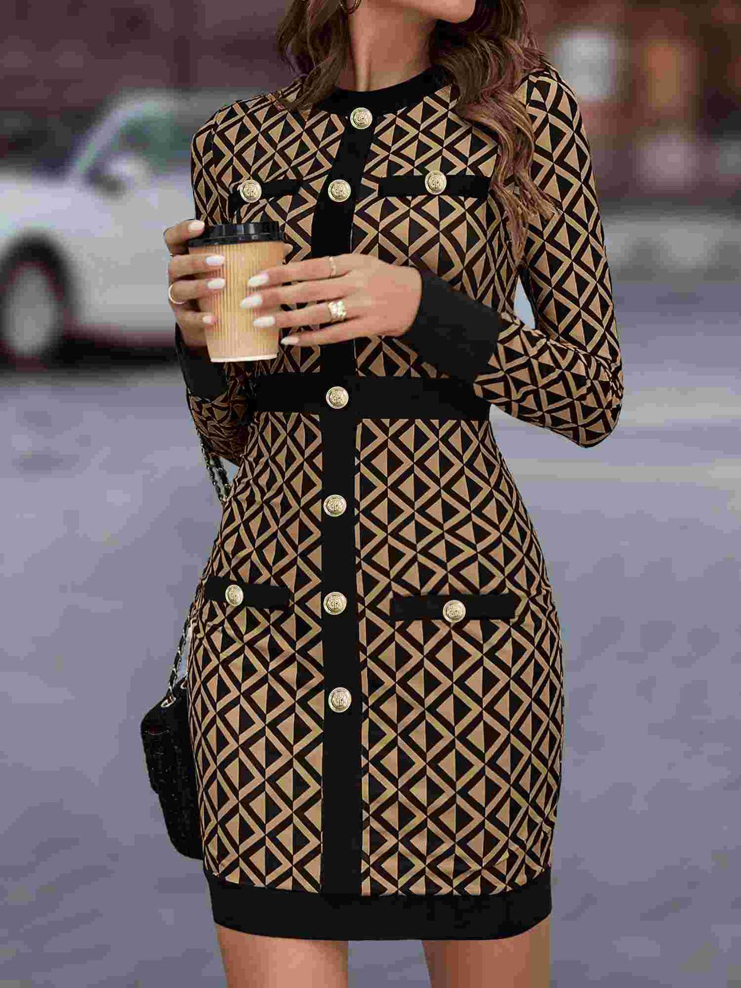 Spring Plaid Contrast Color Patchwork Fashionable Women's Bodycon Dress 4