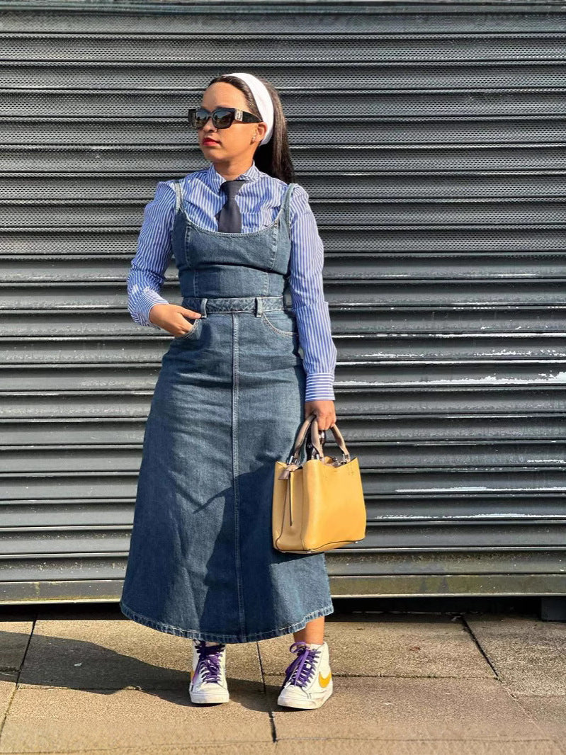 Women's Solid Color Sleeveless Round Neck Denim Dress 4