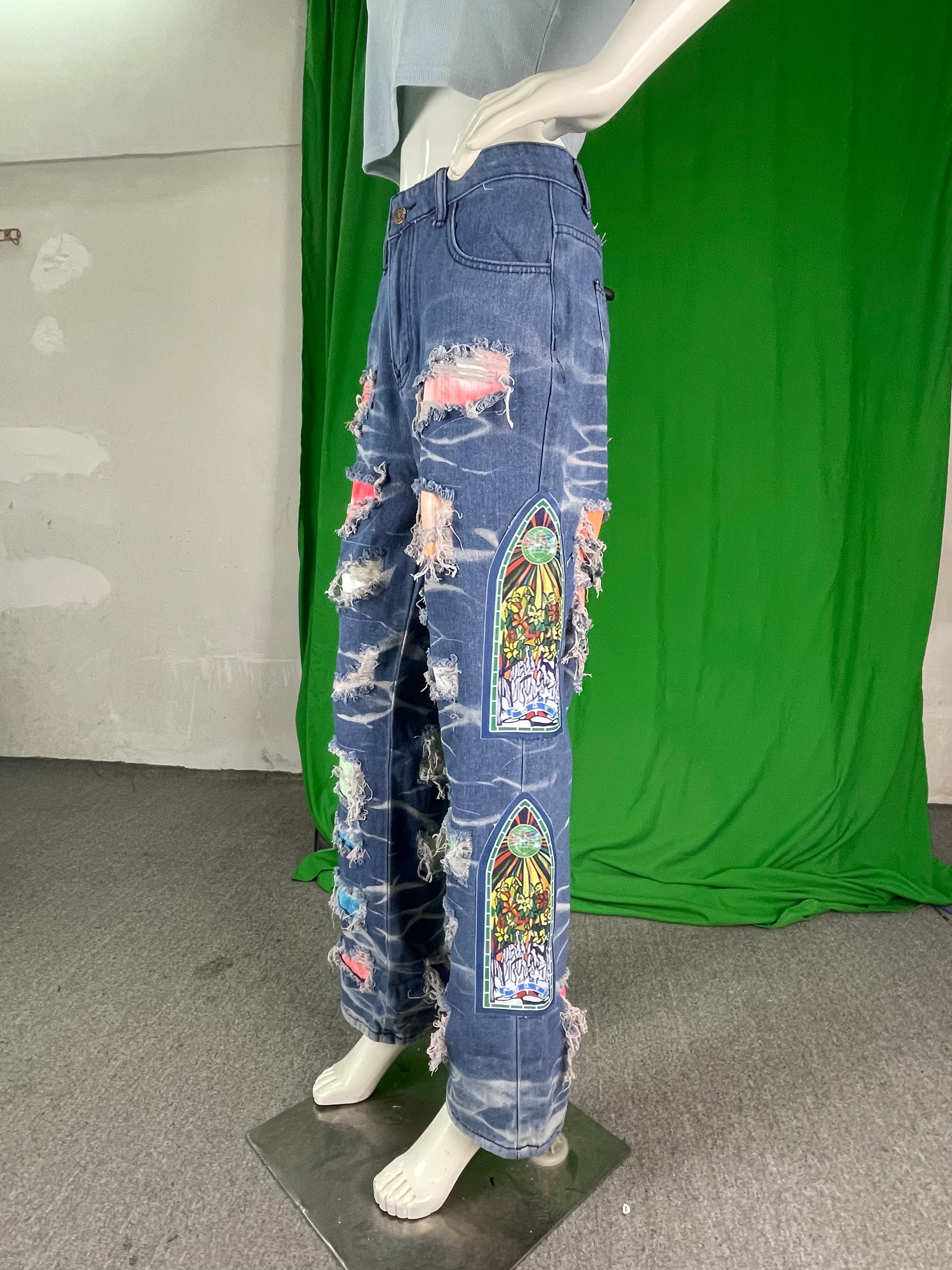 Women Printed Ripped Casual Denim Pants 8