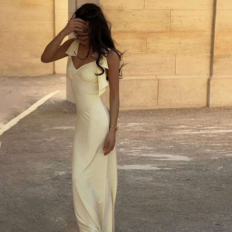 Women Summer Solid Sexy V Neck Lace-Up Backless Bodycon Dress 4