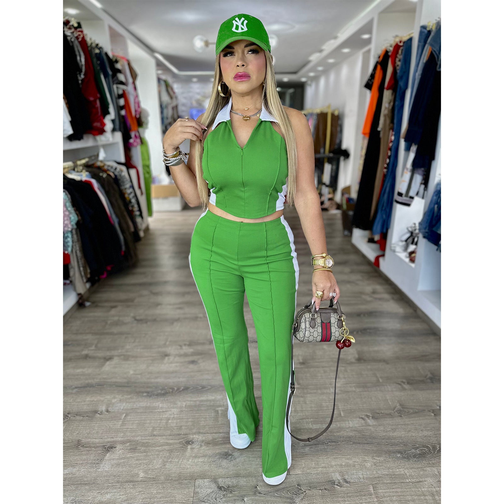 Patchwork Contrast Color V-Neck Zipper Slit Two-Piece Pants Set 3