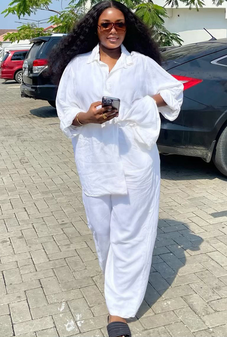 Women's Casual White Shirt Trousers Two-Piece Set 3