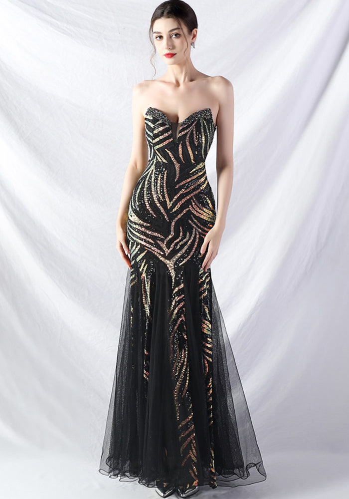 Sequin Mesh Patchwork Strapless Mermaid Evening Dress