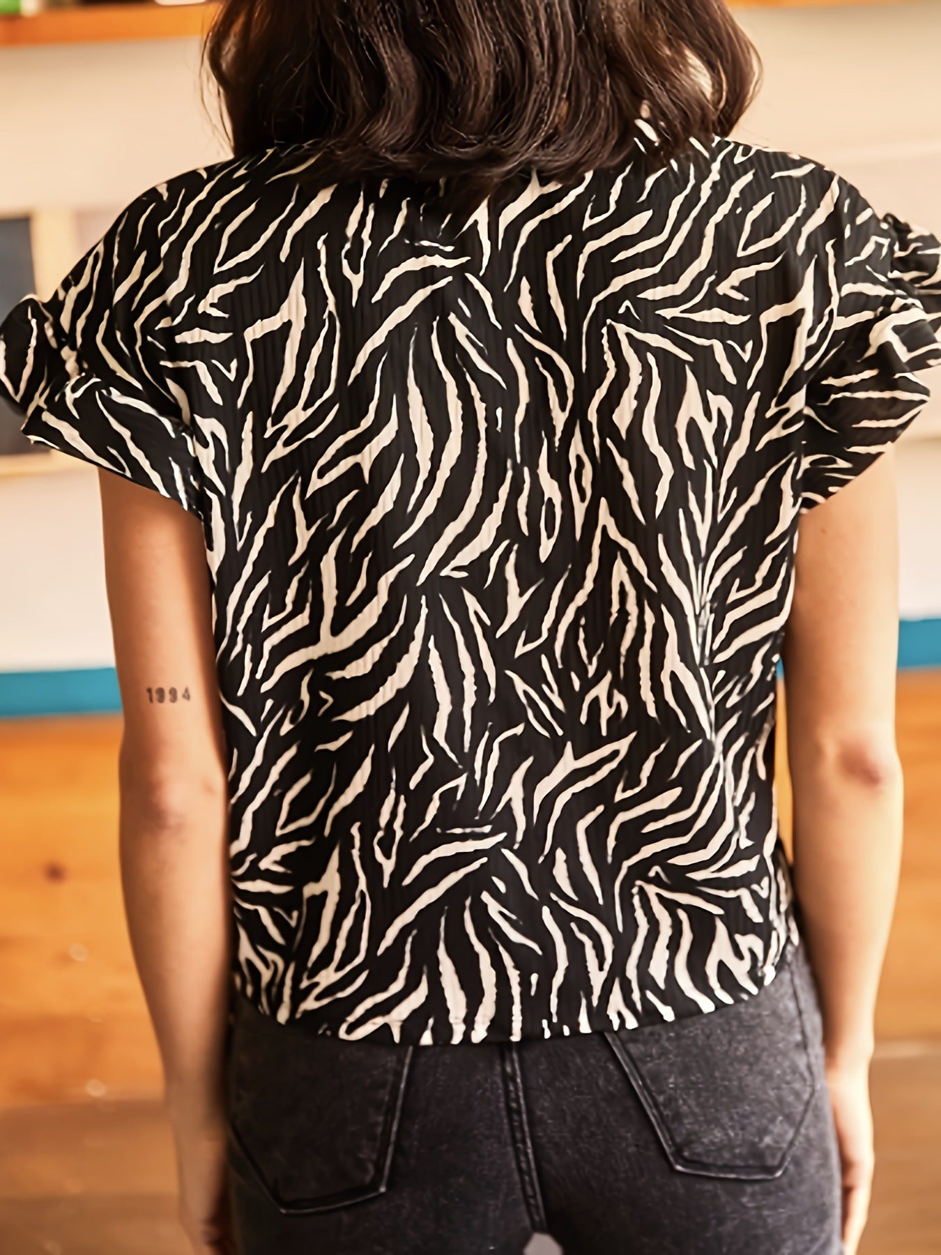 Summer Women’s Ribbed Loose Bat Sleeve Round Neck Zebra Print T-Shirt