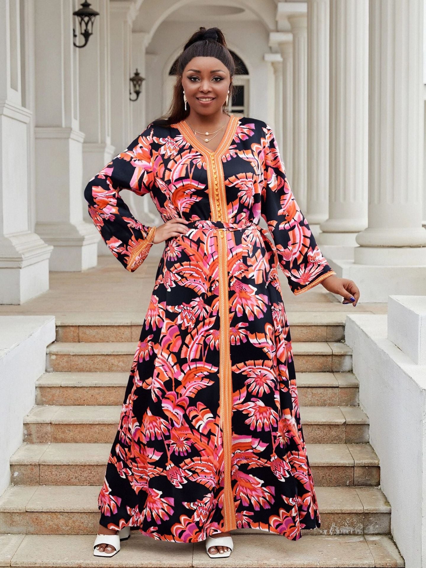 Plus Size Women's Loose Lace Embroidery Chiffon Print Evening Dress 6