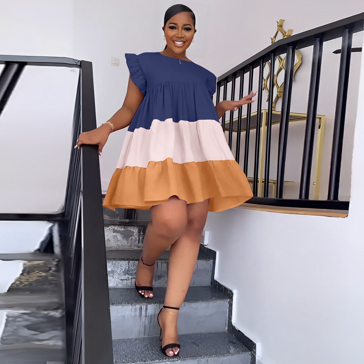 Women's Round Neck Ruffle Sleeve Contrast Patchwork Oversized Swing Dress 4