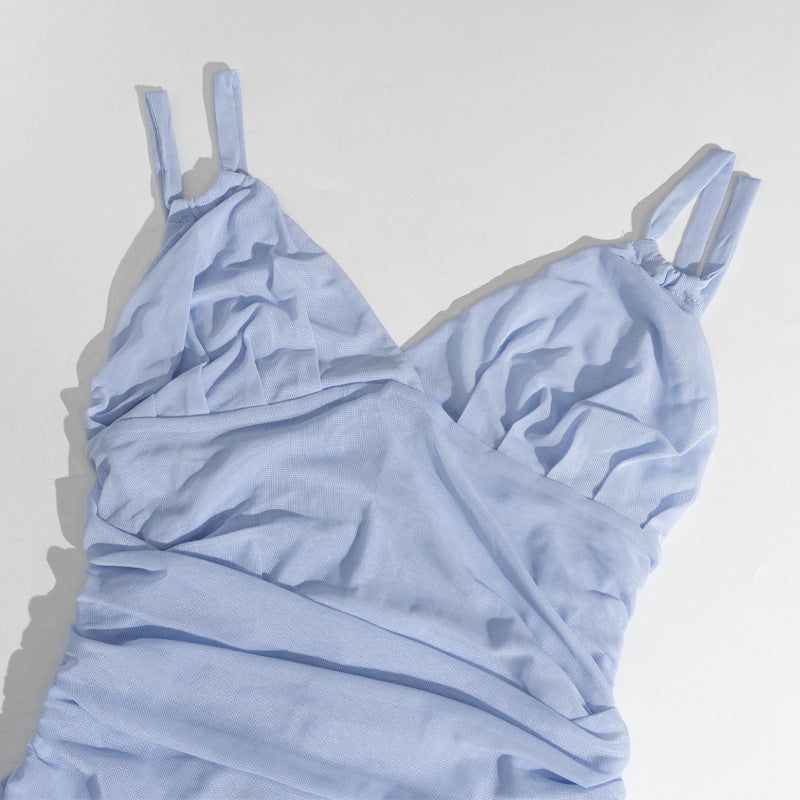 Women Strapless V-Neck Sleeveless Backless See-Through Mesh Slit Maxi Dress 17