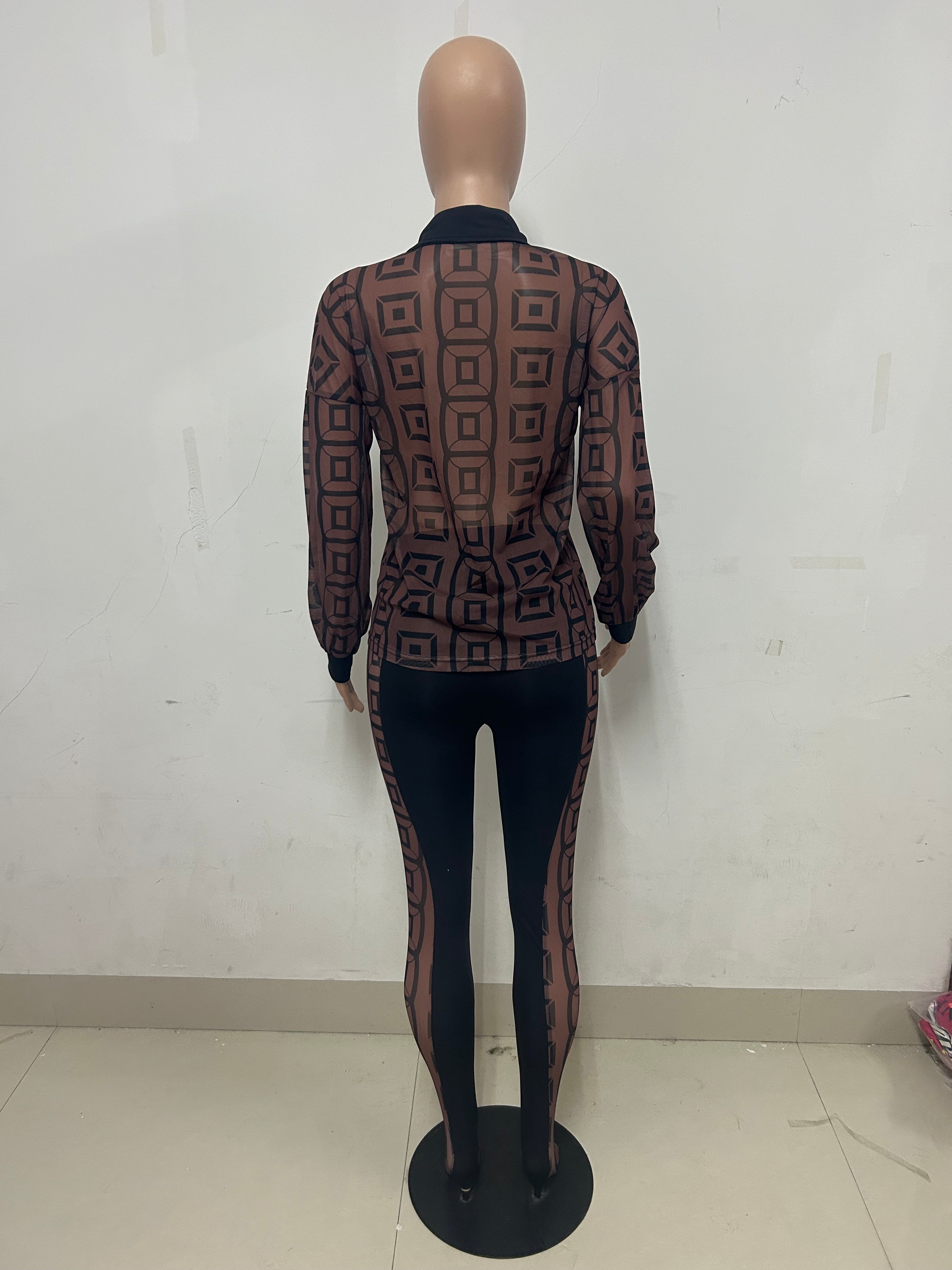 Spring Summer Print Mesh See-Through Shirt And Trousers Two Piece Set 7