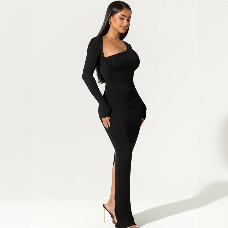 Autumn Women's Long Sleeve Slash Shoulder Sexy Slim Back Slit Fashion Dress 3