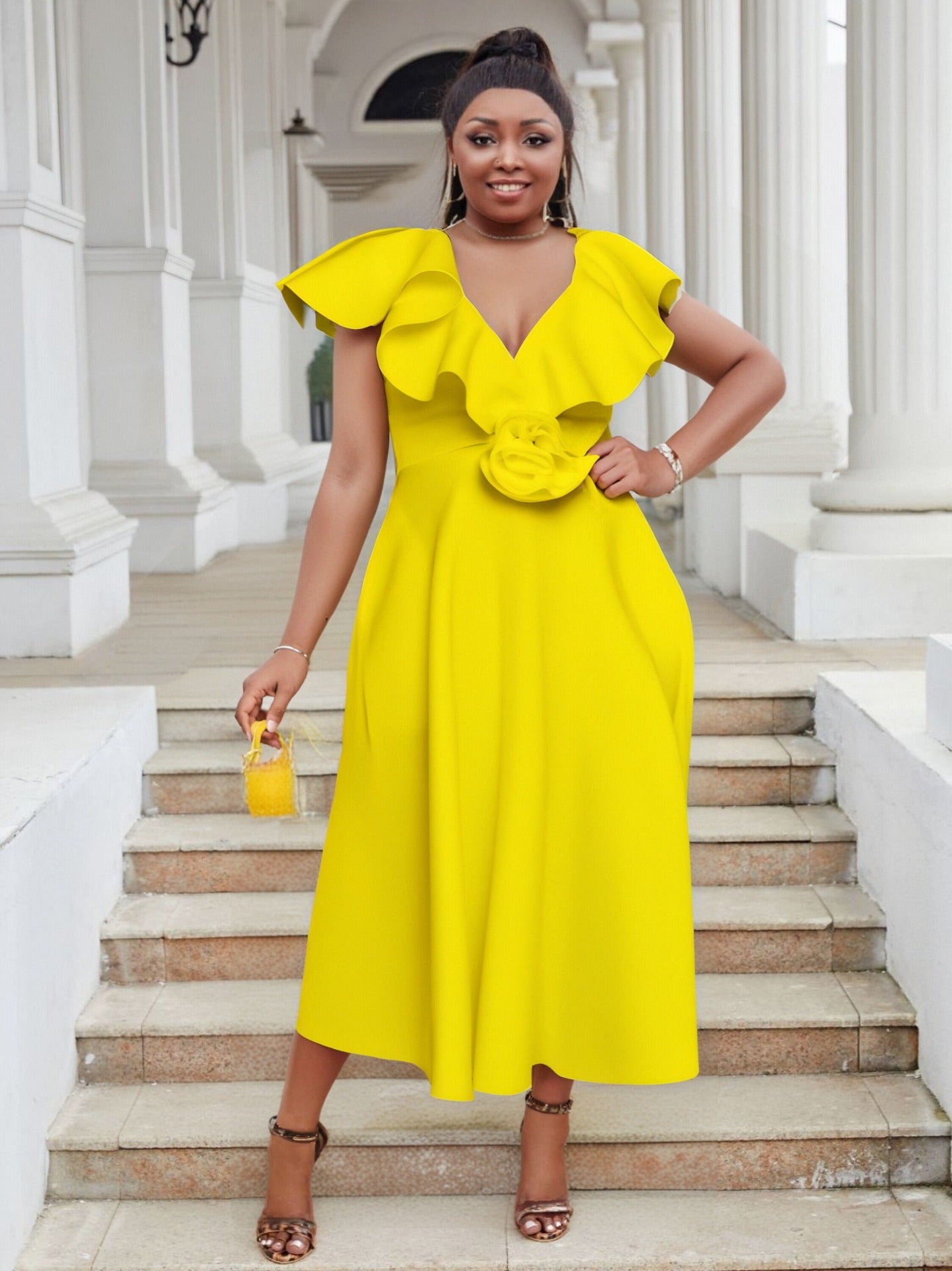 Women Plus Size V-Neck Ruffle Flower Formal Party Dress 11