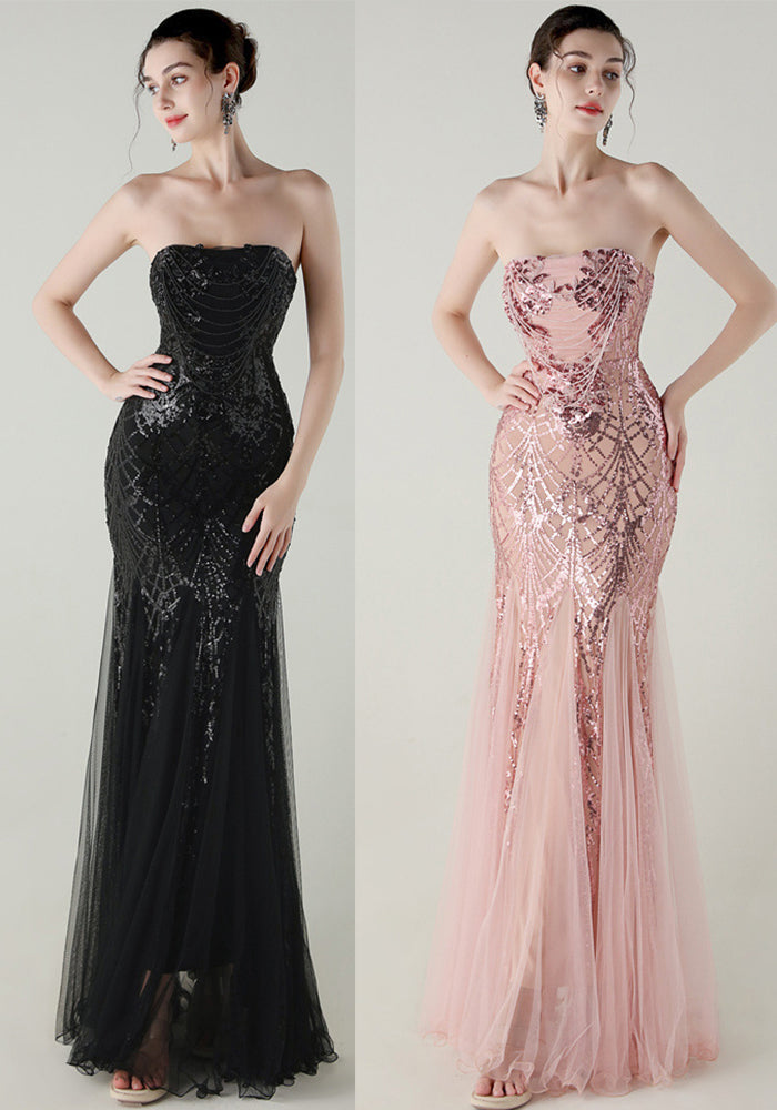 Women sequined mesh beaded tube flower Strapless fishtail skirt Formal Party evening dress