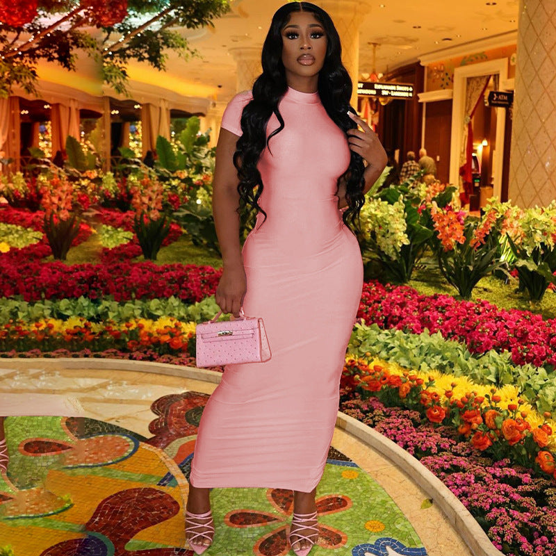 Women Summer Solid Sexy Short Sleeve Slit Bodycon Dress 5
