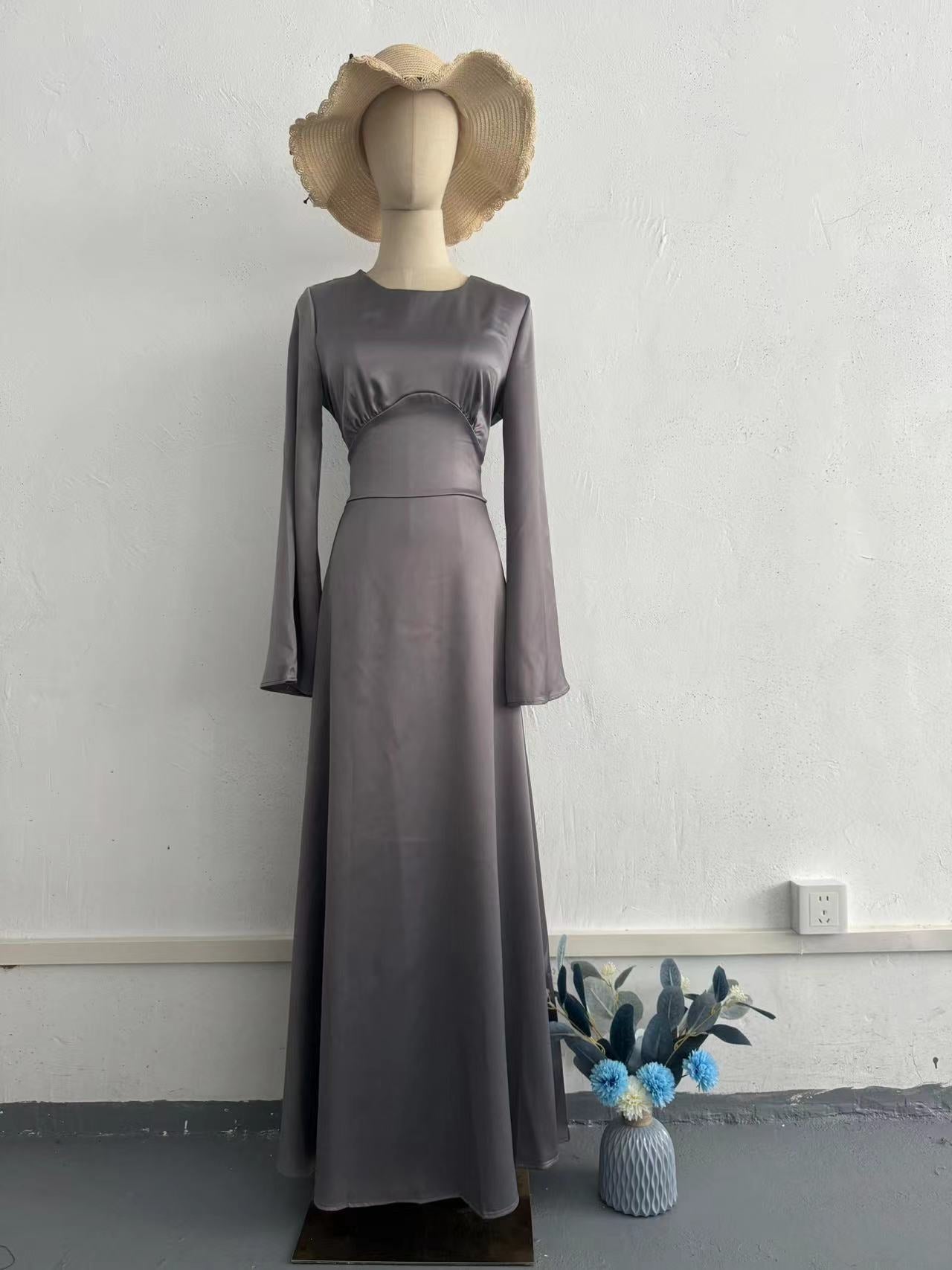 Women Lace-Up Solid Long Sleeve Maxi Dress 4