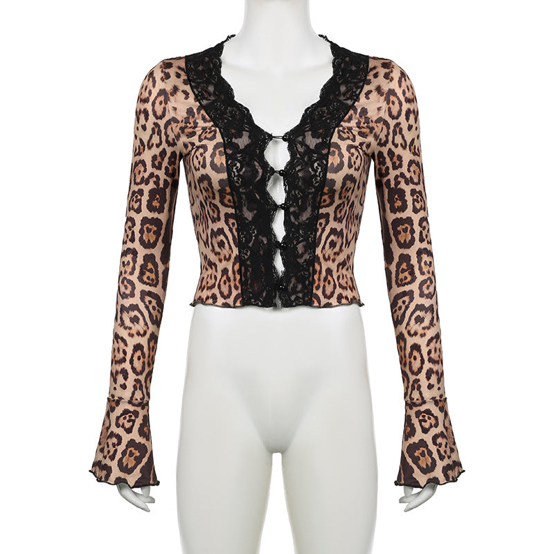 Women Leopard Lace Hollow Lace Sexy V-Neck T-Shirt Top 7