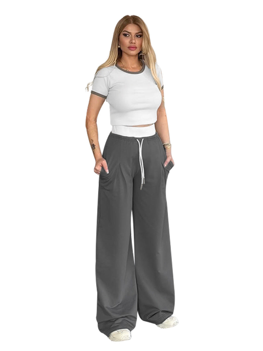 Women's Summer Color-Blocked Round Neck Short Sleeve Casual Pants Set 10