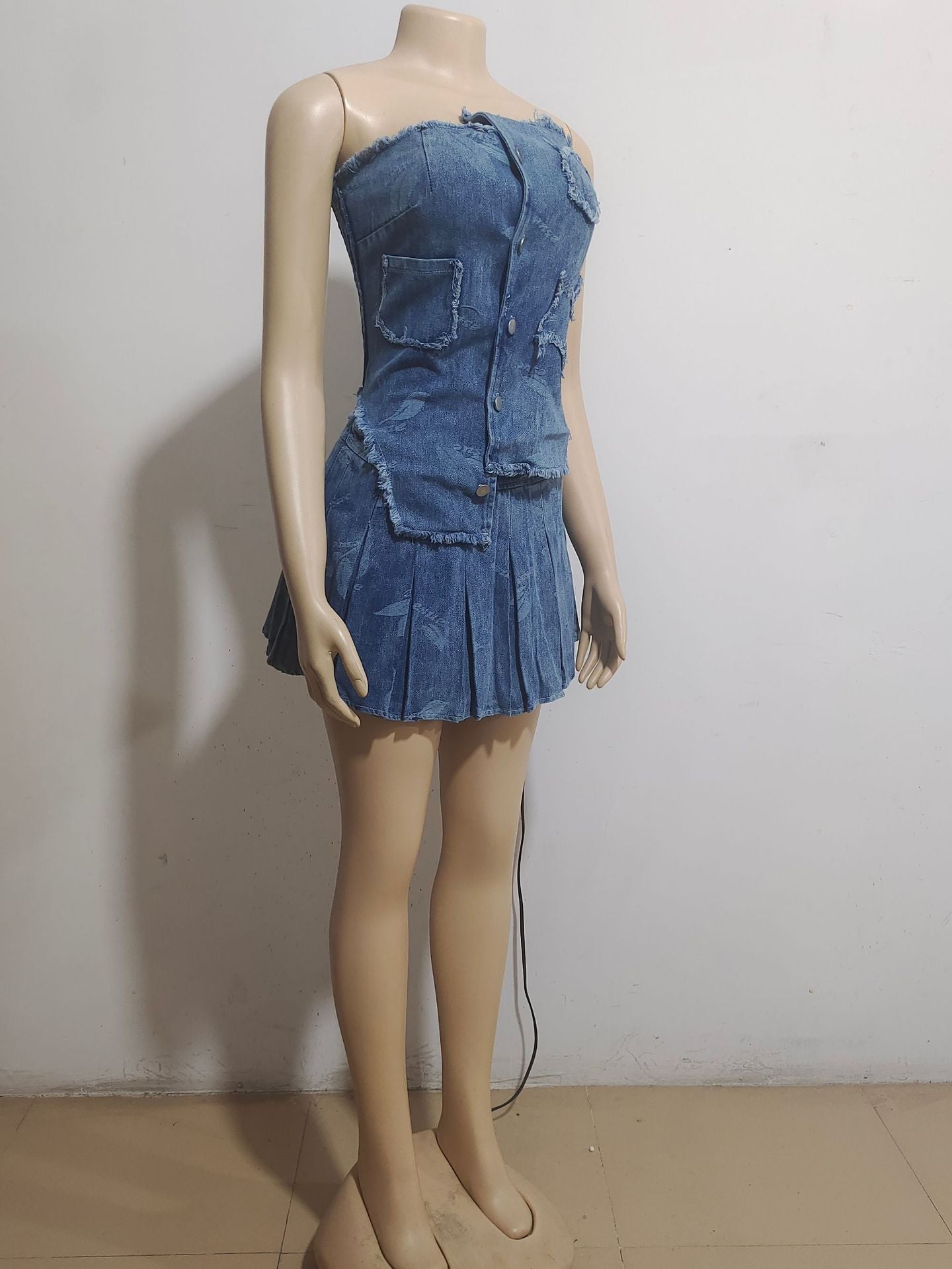 Women's Sexy Fashion Irregular Denim Strapless Top Pleated Skirt Two Piece Set 9