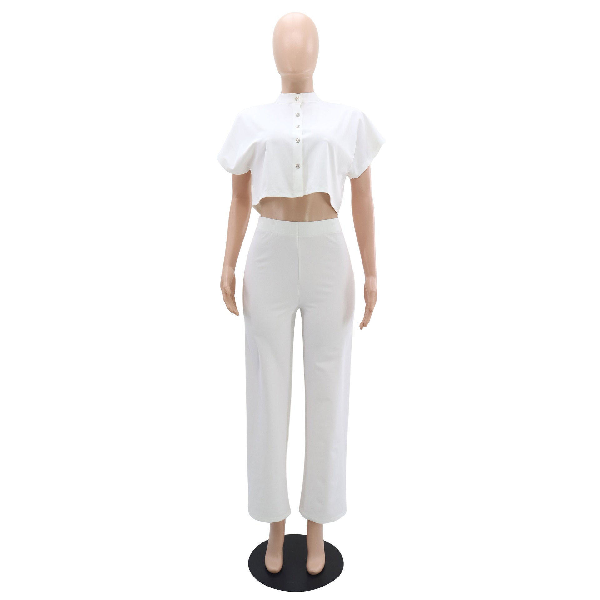 Versatile short Sleeve Shirt top solid color straight women's trousers Casual two-piece set 11