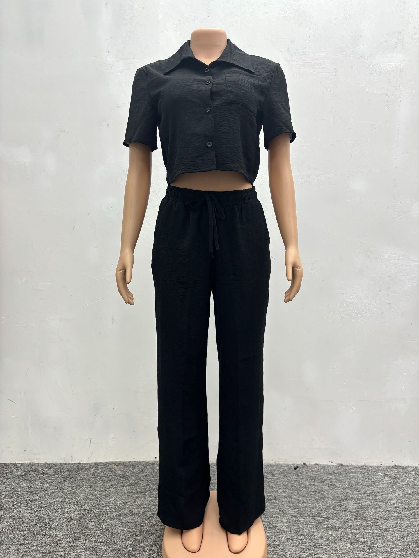 Plus Size Casual African Women Summer Solid Short Sleeve Top and Pant Two-piece Set 10