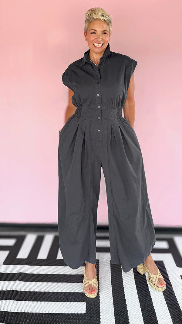 Casual Career Turn-Down Collar Sleeveless Button-Down Cargo Pocket Jumpsuit 3