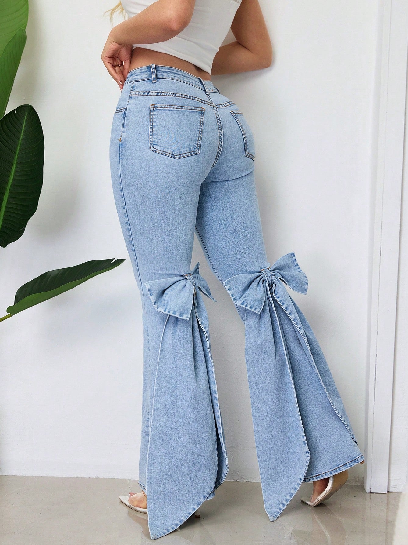 Bow Tie Stretch Mid-Waist Denim Bell Bottom Pants 4