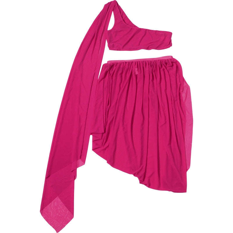 Women Fall Mesh Sexy One-Sided Long-Sleeve Crop Top with Pleated Slit Skirt Two-Piece Set 11