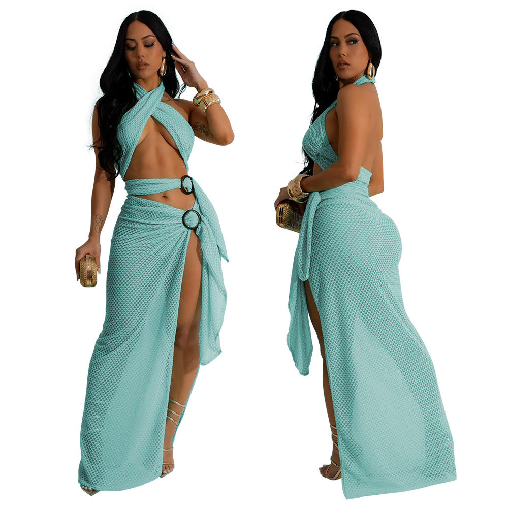 Sexy Halter Neck Mesh Slim High Slit Fashion Solid Color Long Dress 8