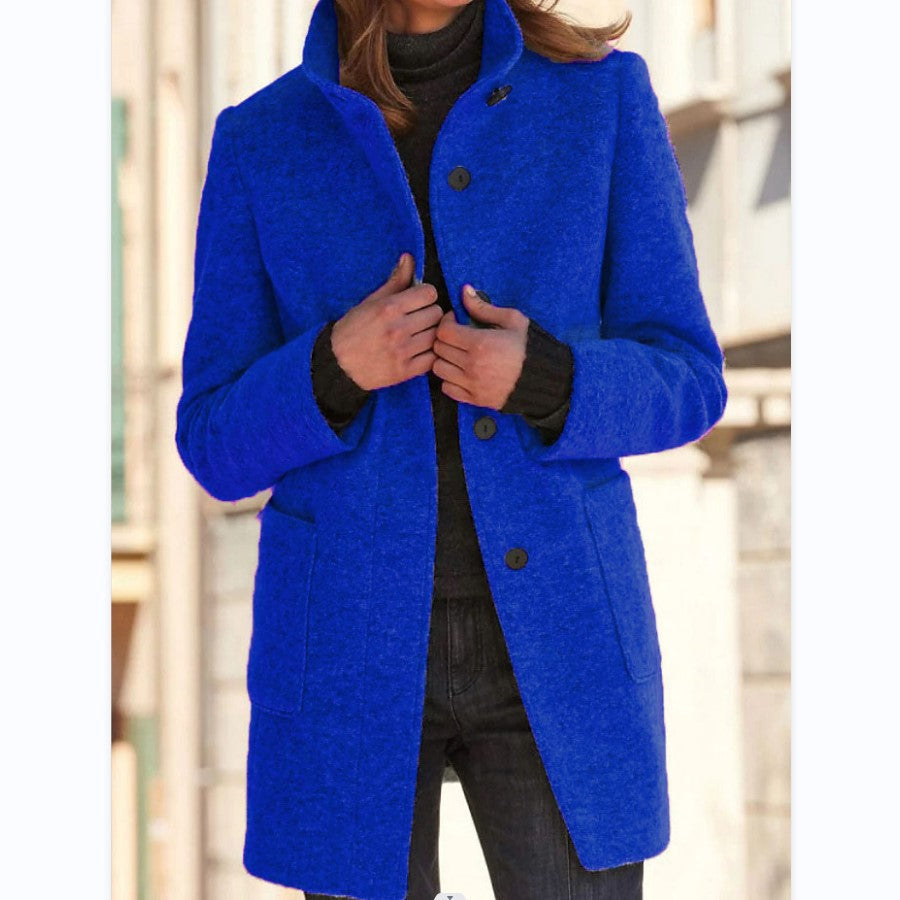 Autumn And Winter Women'S Retro Solid Color Button Stand Collar Coat