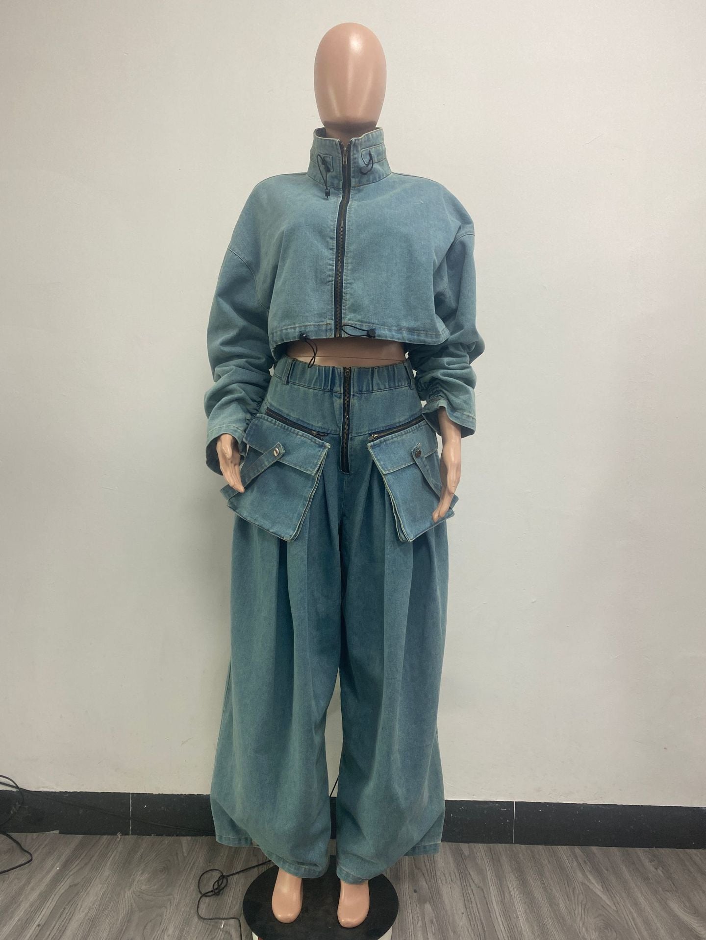 Fashion Retro Wide Leg Loose Denim Two Piece pants Set Women's Clothing 13