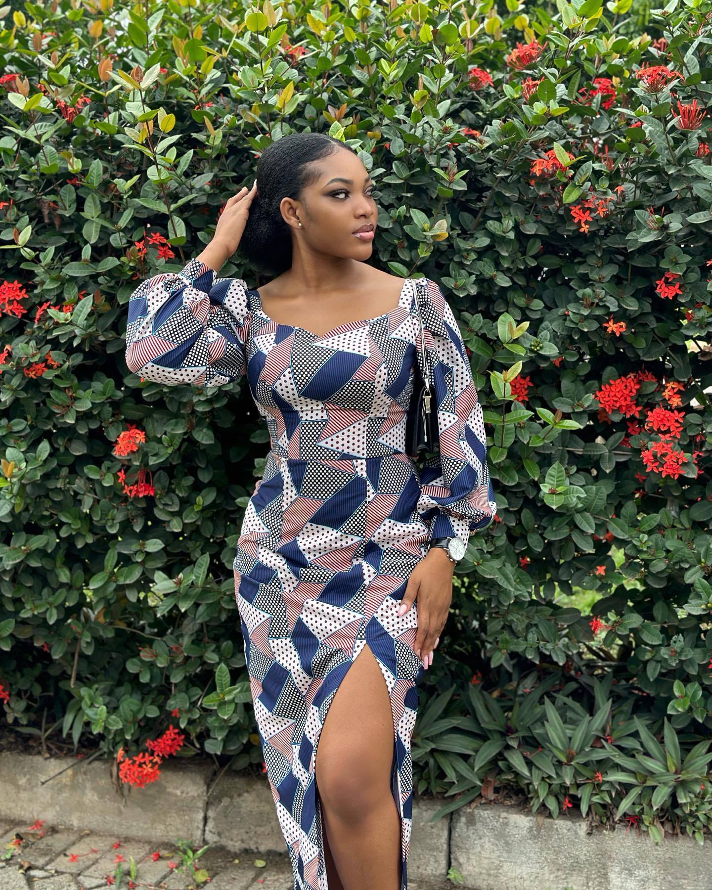 Autumn Fashion Women's Long Sleeves Blue Printed Plaid Slit Dress 5