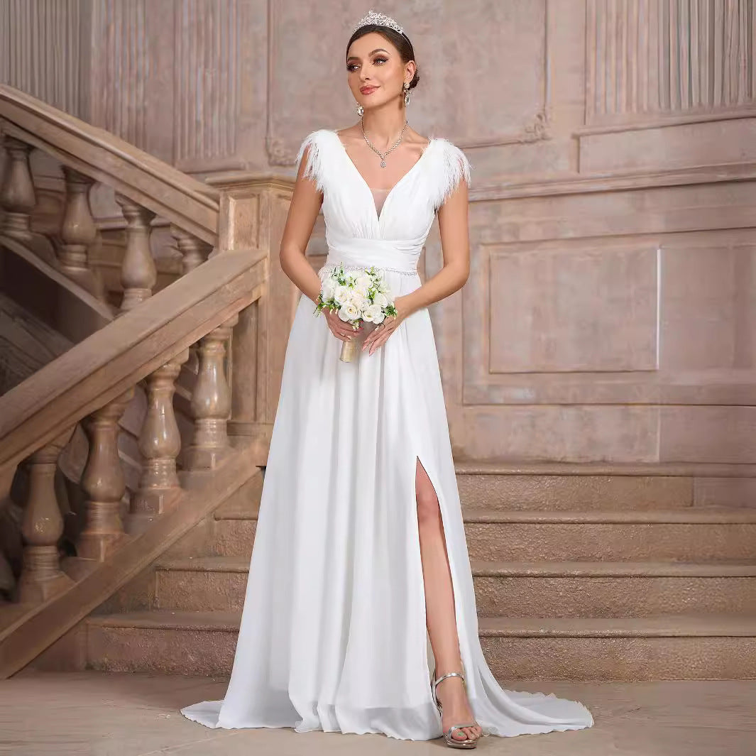 V-Neck Low Back Summer Chiffon Split Elegant Formal Party Women Evening Dress 4