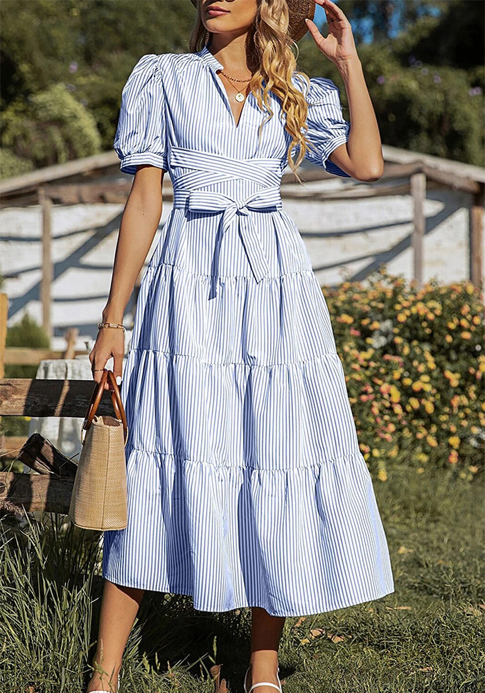 Women High Waist Striped Printed Short Sleeve Dress