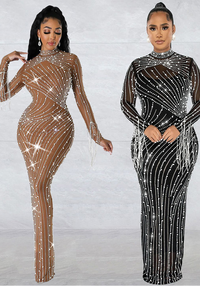 Spring Women's Sexy Mesh Beaded Nightclub Party Long Dress