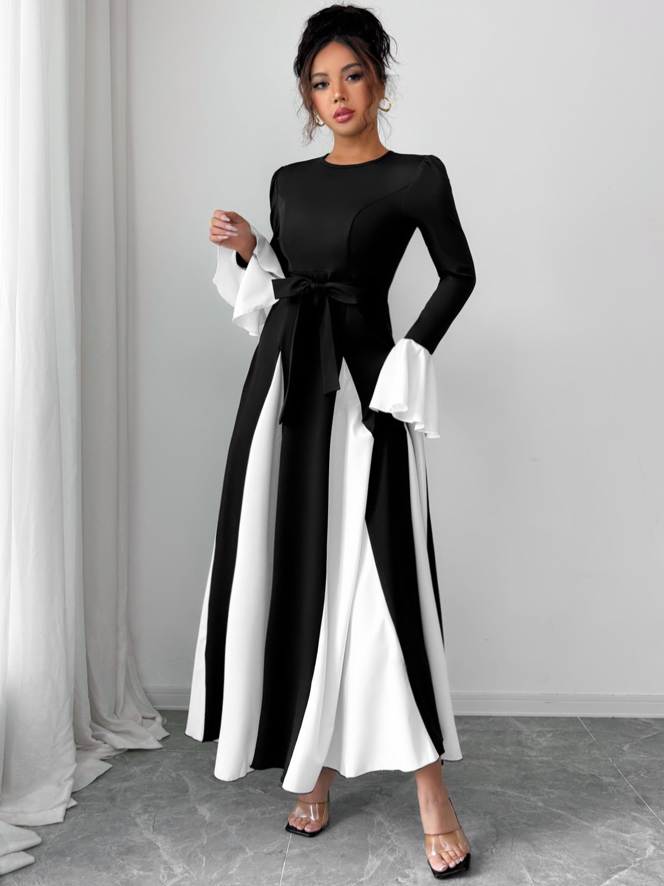 Women Fall/Winter Lace-Up Round Neck Patchwork Contrast Color Bell Bottom Sleeve Dress