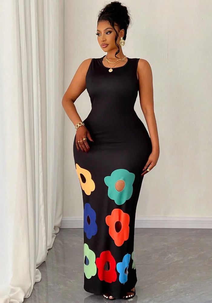 Summer Fashion Round Neck Sleeveless Positioning Print Cut-Out A-Line Dress