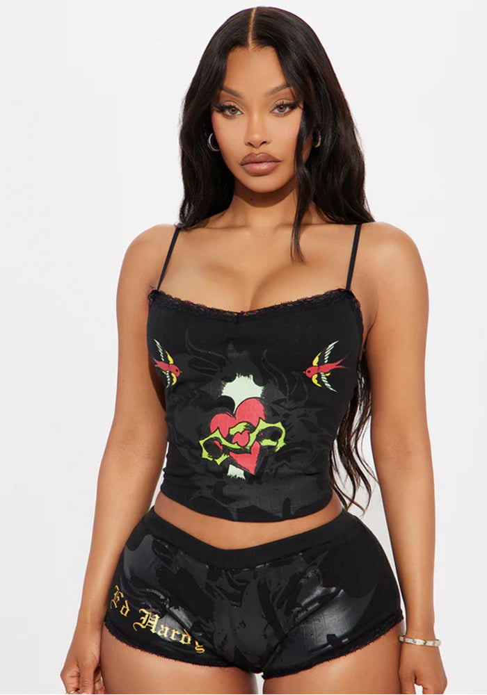 Print Lace Trim Strap Top Shorts Set