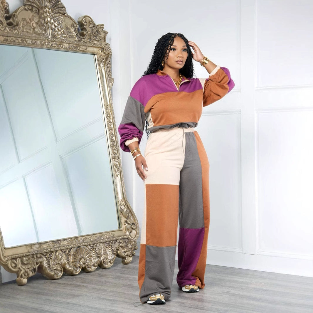 Sexy Sports Color Block Print Zipper Drawstring Design Two-Piece Pants Set