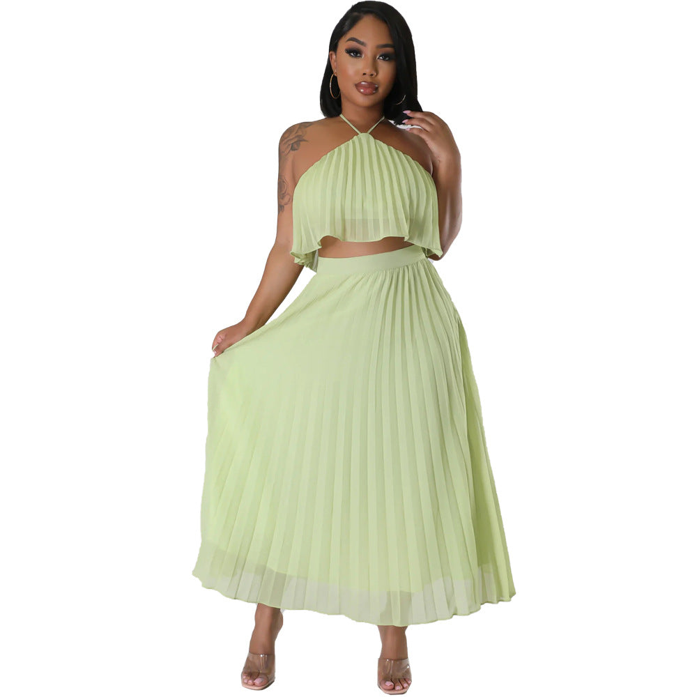 Sexy Low Back Halter Neck Tank Top Pleated Maxi Skirt Two-Piece Set 9