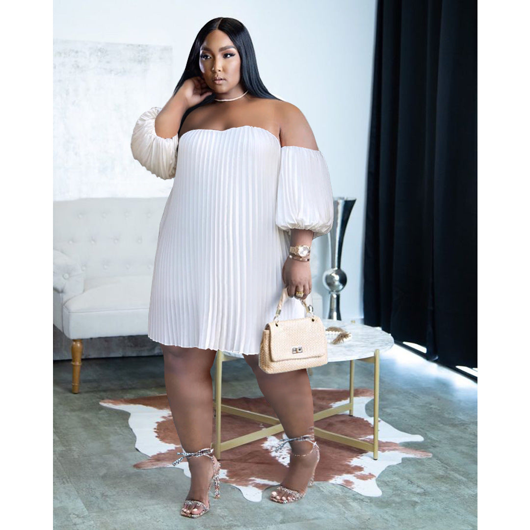 Fashion Plus Size Women's Chiffon Pufff Sleeve Drape Pleated off shoulder loose Dress 8