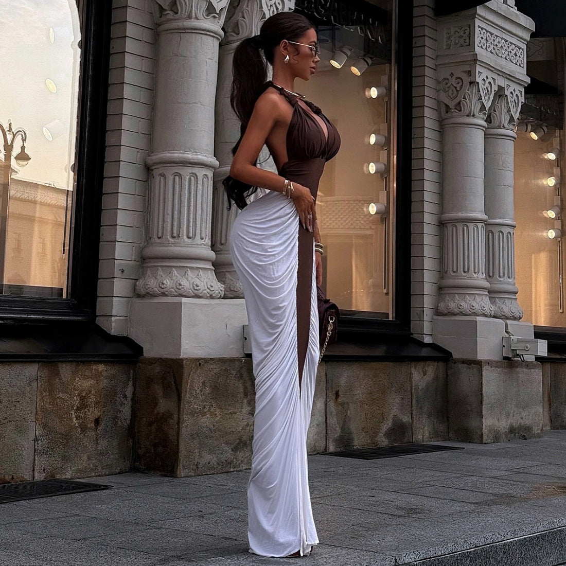 Women fall/winter contrast color Patchwork Halter Neck lace-up backless Sexy Bodycon Dress 6