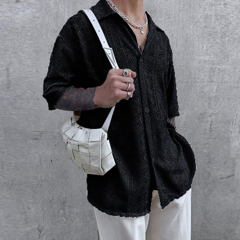 Men summer Solid Half-Sleeve Mesh See-Through Lace Shirt