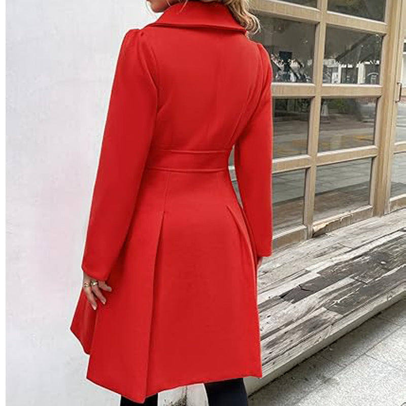 Women Fall and Winter Turndown Collar Double-Breasted Pocket Windbreaker 56