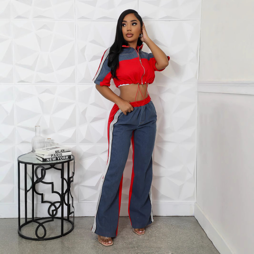 Women Color Blocking Contrast Sports Casual Top + Wide Leg Pants Two-piece Set 9
