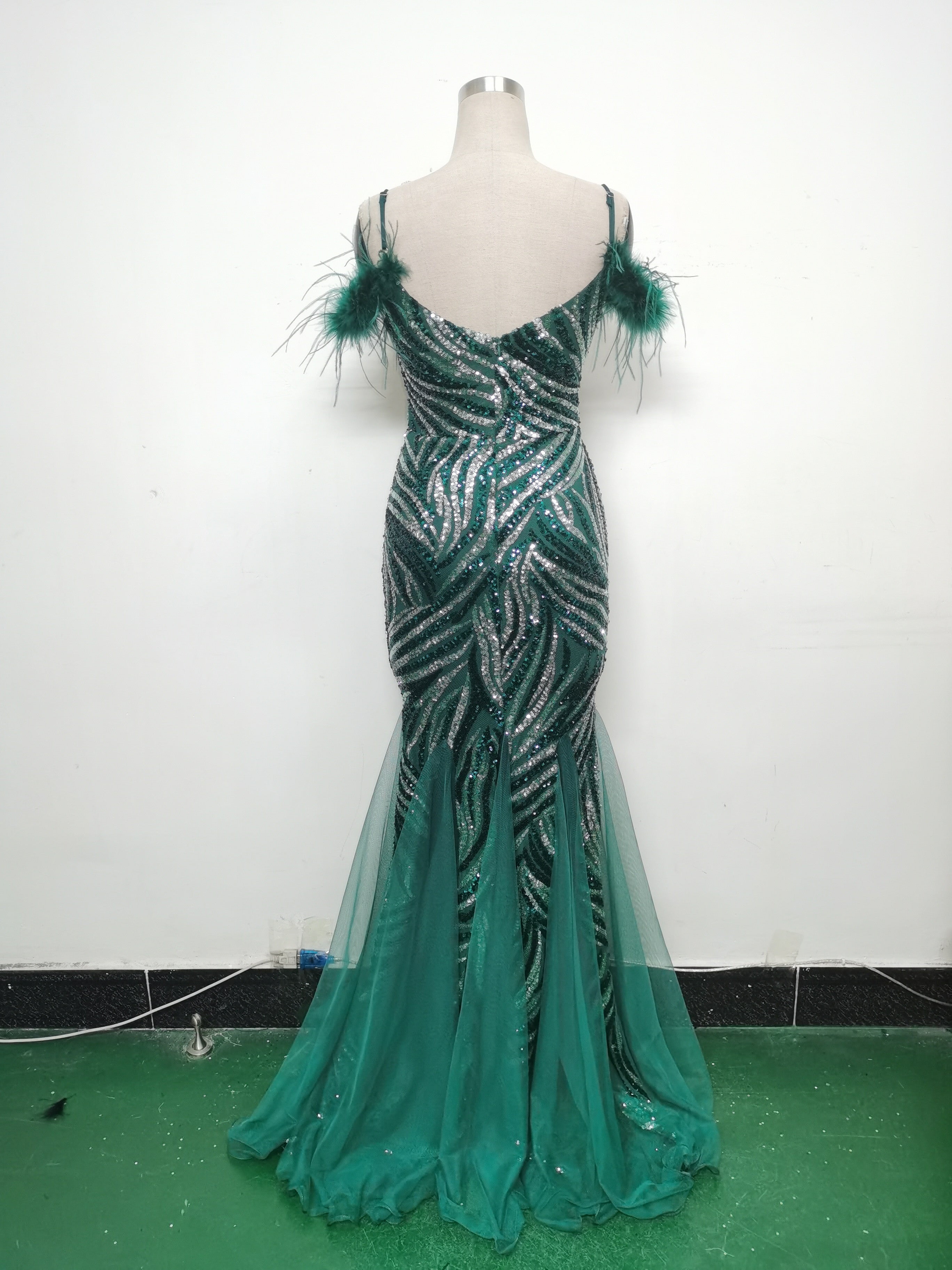 feather sequin Patchwork Mesh luxury evening dress 40