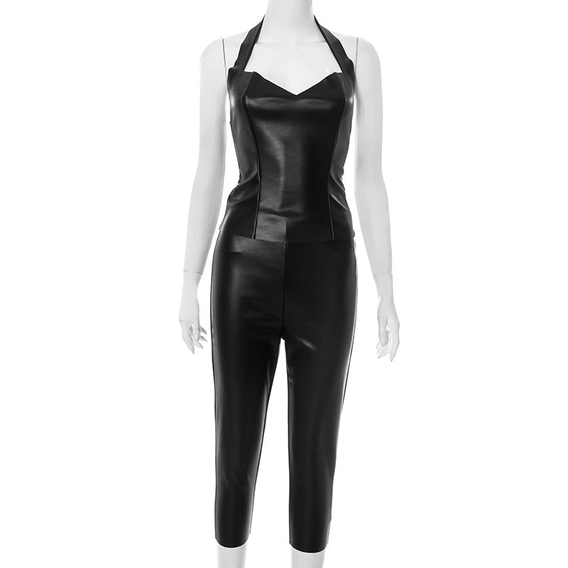 Women Sexy Solid Pu-Leather Halter Neck Backless Top and Pants Two-Piece Set 6