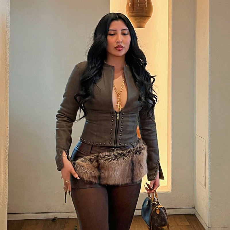 Women Autumn/Winter Pu-Leather Half-Open Collar Zippered Rivet Waist Crop Jacket 8